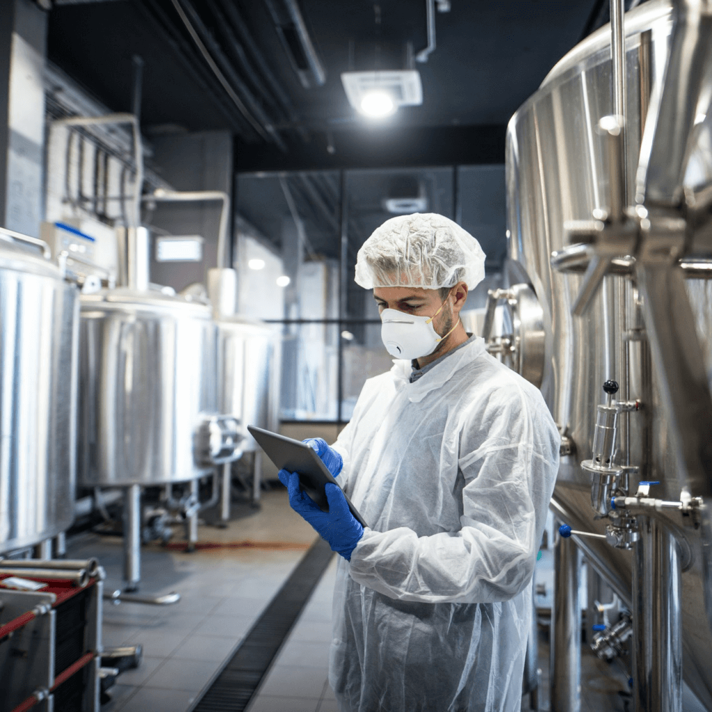 샴푸 제조 공장에서 작업자를 찍은 사진